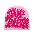 Pink knitted beanie with red Top Tier jacquard lettering for stylish winter warmth - Pink And Rose Red