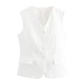 Detailweergave van wit linnen vest met V-hals voorzien van vier knopen en decoratieve zakken - XS / Wit
