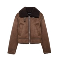 Detail of brown suede bomber jacket with soft faux shearling collar and metal zipper - XS / Brown