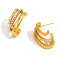 Minimalist 18K gold plated stainless steel triple-layer hoop earrings with crystals - Triple-layer C-shape Rhinestone Style / Gold