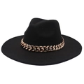 Detail of black wide brim felt fedora hat featuring a chunky rose gold chain decoration - Adult (57-60cm) / Black