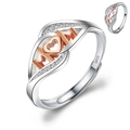 Rose gold MOM ring in S925 sterling silver with heart-shaped O and pavé set zircons - Adjustable Open / Two-Tone MOM Letter Style (1 Carat Effect)