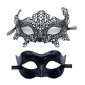 Black phoenix lace and smooth eye mask set for masquerade and Halloween parties - Black Fox Lace Mask + Sleek Plastic Mask