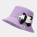 Detail of cute panda plush doll and logo label on purple cotton bucket hat - M (56-58cm) / Purple