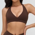 Chocolate brown crossover V-neck sports bra with wide elastic band and halter neck support - S / Coffee