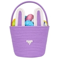 Handwoven purple cotton Easter rabbit basket with decorative ears and colorful eggs - With Handle / Purple White