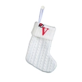 Detail of white knitted Christmas stocking with red embroidered letter V and mini santa hat - Letter V