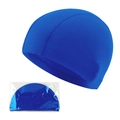 Single piece blue polyester swim cap for adults featuring high elasticity and durable stitching - Royal Blue Flatlock with Card