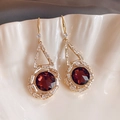 Elegant gold earrings featuring a red faceted gemstone and white zircon accents - Round Stone Rhinestone (126#)