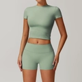 Sage green high-waisted yoga set featuring a cropped short-sleeve top and seamless shorts - S / Top And Bottom / Short Sleeve + Shorts / Basil Green