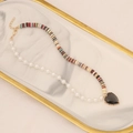 Bohemian mixed pearl and colorful clay bead necklace with a black heart pendant - 6# Brown Color - Multi Earth Tones With Black Heart