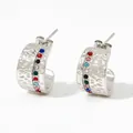 Silver C-shaped stud earrings with hammered texture and colorful inlaid rhinestones - Silver Hammered Multi-color Zirconia Style (PDE780)