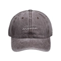 Close-up of white embroidered mama script on charcoal grey washed cotton baseball cap - Dark Brown