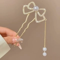 Épingle à cheveux dorée en forme de papillon avec perles et détail de gland pendant - Noeud en Strass (52#)
