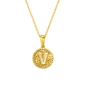 Golden round hammered pendant necklace featuring letter V with beaded edge decoration - Letter V (S-P173-V)