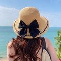 Cappello da sole in paglia da donna con grande fiocco nero e pizzo elegante - Fiocco Cachi (D-177)