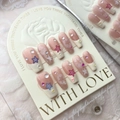 Uñas postizas artesanales ojo de gato rosa con estrellas de purpurina y cristales - Grande (L) / Patchwork Francés Rosa Estrellado (617 Estrella Linda Trapecio Largo)