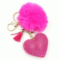 Pink faux fur pompom keychain with rhinestone heart pendant and matching tassels - Rose Red