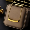 Golden titanium steel necklace featuring a bar pendant with intricate monogram patterns - Monogram Pattern Bar Style (8881) / Gold