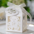 White hollow baby bear favor box with ribbon and gold 'thank YOU so much' gift tag - Ivory