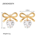 Macro shot of gold bow heart earrings with zircon studs showing 2cm height and 6.1g weight - Gold Bowknot Heart Zircon Earrings (JDEW2403074)