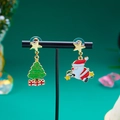 Pendientes navideños con Papá Noel de esmalte y árbol verde en pernos de estrella - Árbol de Navidad y Regalo