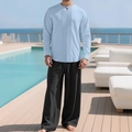 Herren-Set aus Baumwolle und Leinen mit hellblauem Henley-Hemd und schwarzer weiter Hose - Hellblau + Schwarz