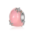 Pink enamel bead charm with silver flower relief for DIY bracelets and necklaces - Pink Enamel Flower Bead