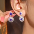 Elegant silver earrings with deep blue multi-layer round crystal petals and rhinestones - Silver Blue