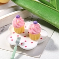Miniature pink resin cupcakes toy set with a polka dot plate and mint green fork - 1.5x1.5cm / Yellow Base with Dots