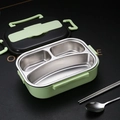 Light green 304 stainless steel 3-compartment bento box with matching spoon and chopsticks - Green 3-Compartment 1L (No Cutlery)