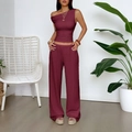 Women's burgundy summer set with pleated one-shoulder top and wide-leg trousers - S / Burgundy