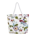 Beige floral canvas tote bag with hummingbird print and braided rope handles - Wood Cotton Flower