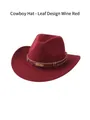 Close-up of wine red cowboy hat with woven band and decorative gold leaf ornaments - Leaf Style / Burgundy