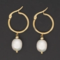 Eleganti orecchini a cerchio in acciaio dorato con pendenti in perla naturale - Orecchini a Cerchio Minimalisti in Acciaio Inossidabile con Perle d'Acqua Dolce