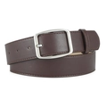 Dark brown leather belt with silver square buckle and elegant stitching in a rolled pose - Coffee