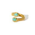 Detail of 18k gold plated stainless steel ring with green natural stones and textured band - Adjustable Open / Green Oval Gemstone Style (TR4022-GN)