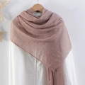 Solid lotus pink pleated cotton linen scarf with frayed edges for women's headwear - Lotus root pink