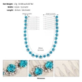 Silver bridal hair comb chain with blue rhinestones and detailed product dimensions - White K + Lake Blue