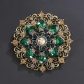 Vintage round brooch with bronze alloy openwork, green heart stones and blue crystals - Ink Blue & Grey Diamond with Coffee & Peacock Green Acrylic (Eco-friendly Bag)