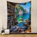 Bohemian landscape tapestry with surreal bookshelf and Mediterranean sea view wall hanging - Gt202451