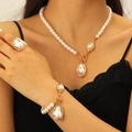 Gold plated baroque pearl jewelry set with necklace bracelet and ring for women - Gold Baroque Pearl 3-Piece Set (Bracelet+Necklace+Ring)