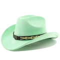 Detail of mint green suede cowboy hat with bull head ornament and black leather band - M (56-58cm) / Fruit Green