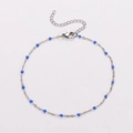 Silver stainless steel chain anklet with blue enamel beads and lobster clasp - 22+5cm / Steel-Blue