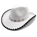White Western cowboy hat with black whipstitched brim and Evil Eye beaded band - M (56-58cm) / White