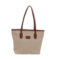Beige gewebte Stroh-Tote-Bag mit tiefbraunen Ledergriffen für den Strandurlaub im Sommer - Braun