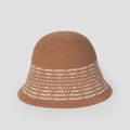 Detailed texture of camel knit bucket hat with white jacquard stripes for winter - M (56-58cm) / Khaki