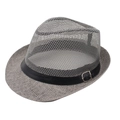 Close-up of gray breathable fedora hat with mesh texture and black faux leather belt detail - One Size / Gray