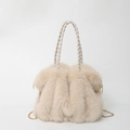 Beige faux fur tote bag featuring braided handles and a gold metal chain strap - Off White