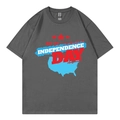 Grey July 4th Independence Day letter print cotton t-shirt with a loose fit design - Dark Gray
